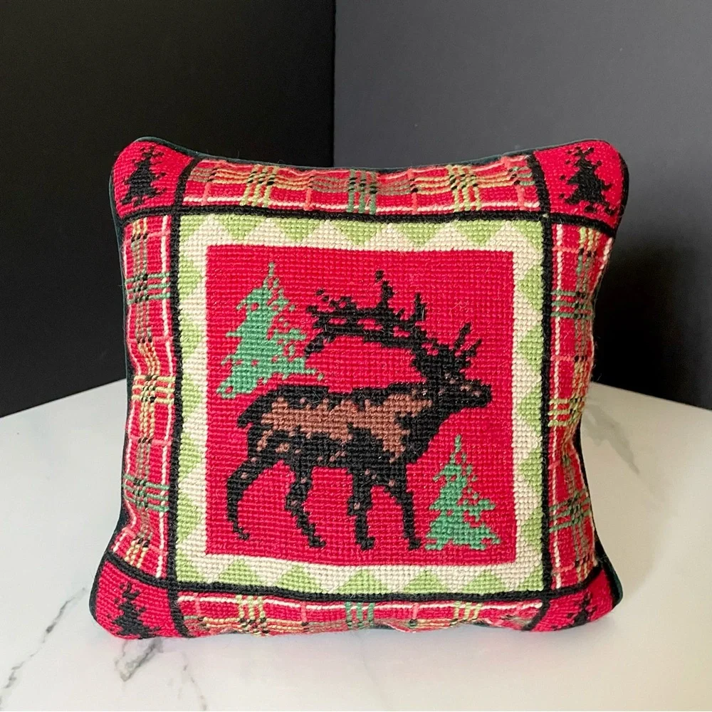 Plaid Elk Needlepoint Pillow